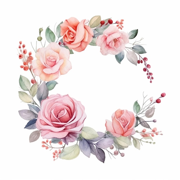 Coroa floral em aquarela com rosas e bagas.