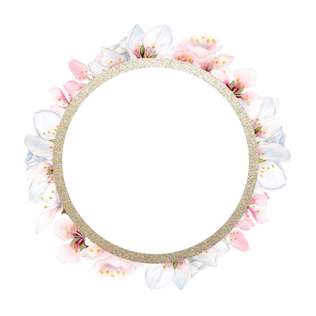 Coroa floral em aquarela do Dia das Mães de amêndoa branca rosa ou flores de cerejeira Modelo de moldura redonda