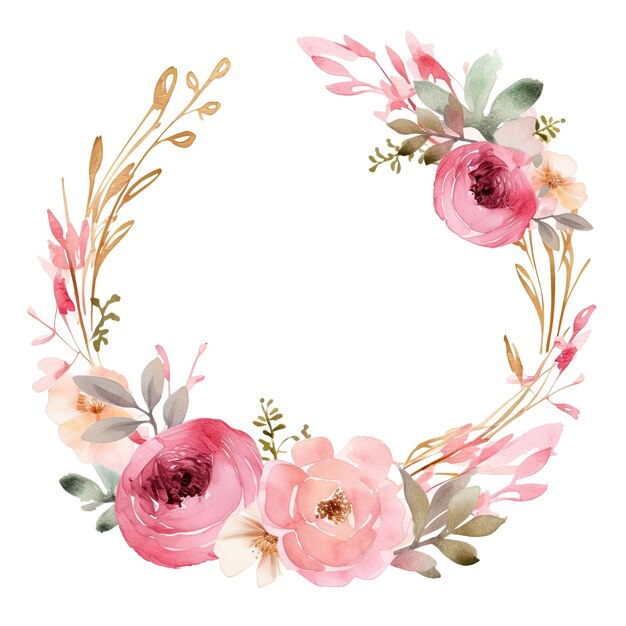 Coroa floral rosa aquarela com círculo dourado