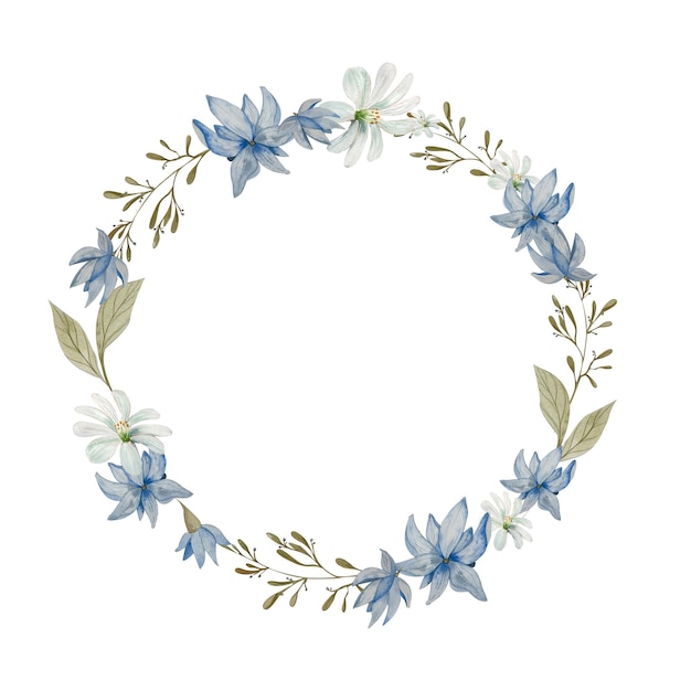 Coroa Frame feito de luz aquarela flores e folhas galhos em tons azuis brancos cinzentos abstratos flores para convites cartões flyers site design cosméticos embalagens logotipos têxteis para casa