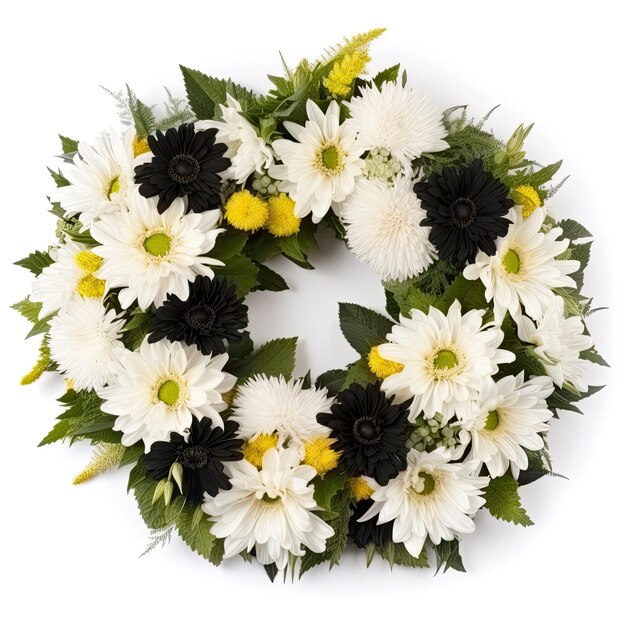 Coroa fúnebre sobre um fundo branco um símbolo de respeito e simpatia Arranjo floral clássico e elegante Generative AI