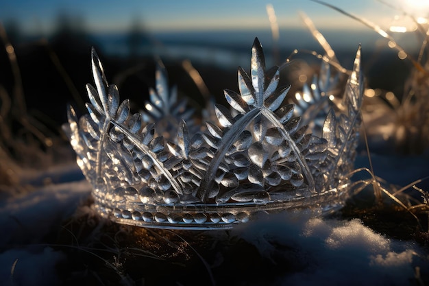 Foto coroa real de cristais de gelo brilhando na luz do sol de inverno