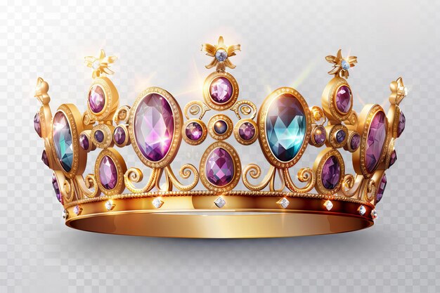 Coroa real de ouro adornada com pedras preciosas sobre um fundo transparente