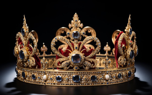 Coroa real de ouro com jóias azuis e vermelhas