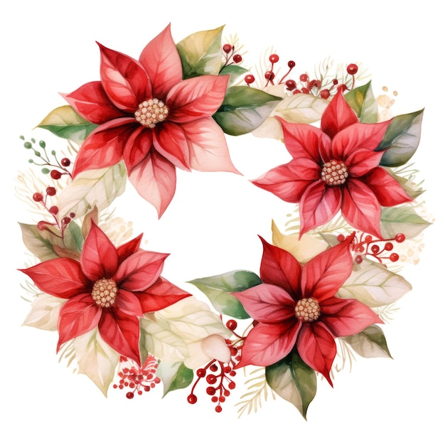 Corona acuarela de flor de pascua roja y flores de estrellas de Navidad en marco festivo sobre fondo blanco