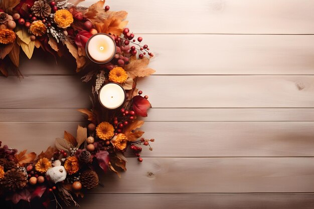 Foto corona de agradecimiento y velas en una mesa