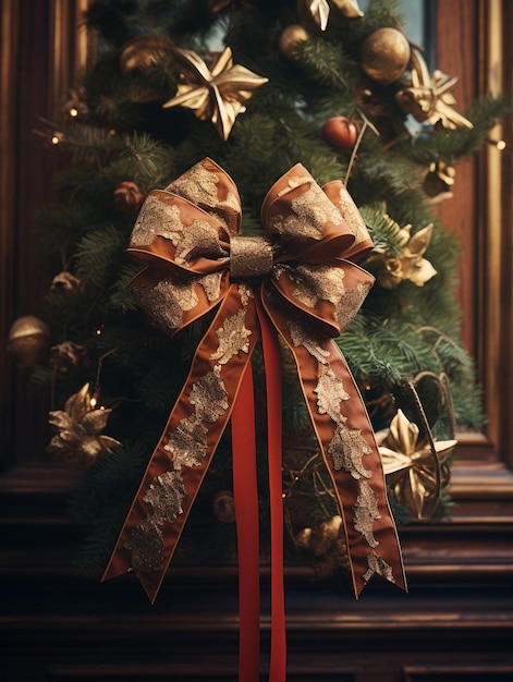 una corona de árboles de navidad con una cinta roja