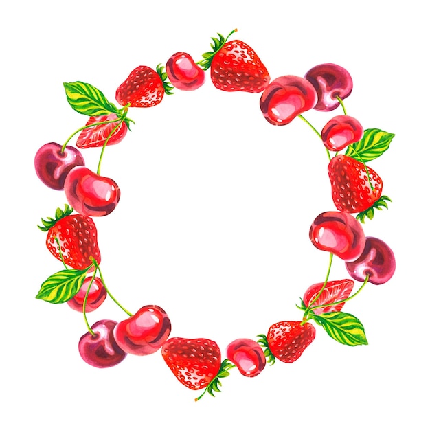 Una corona de cerezas y fresas Ilustración de acuarela Bayas jugosas Decoración para el cabello Estado de ánimo de verano