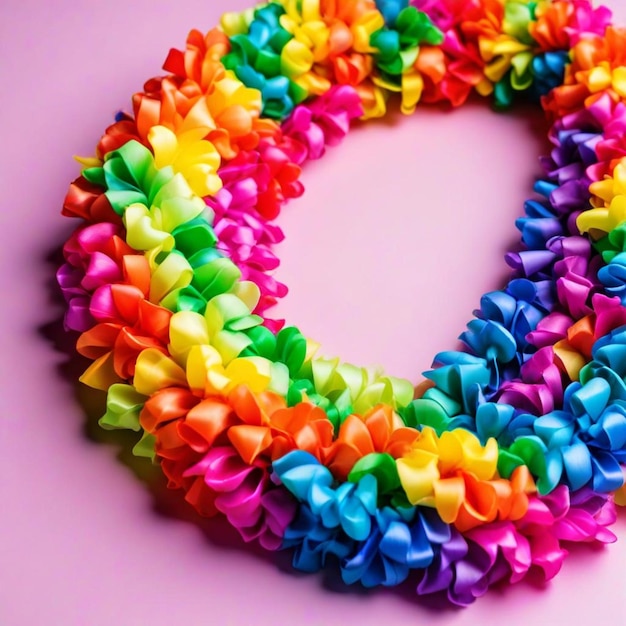 Foto una corona colorida de cintas de colores arco iris con un fondo rosa