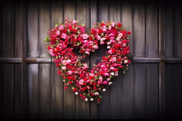 Corona de corazón floral roja y rosa colgando en la puerta de madera