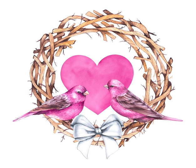 Foto corona de día de san valentín con pájaros y arco aislados en blanco