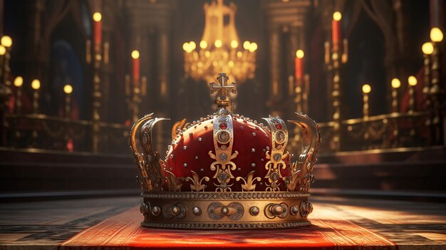 Una corona dorada adornada con piedras preciosas colocada sobre una servilleta roja en el altar de la iglesia