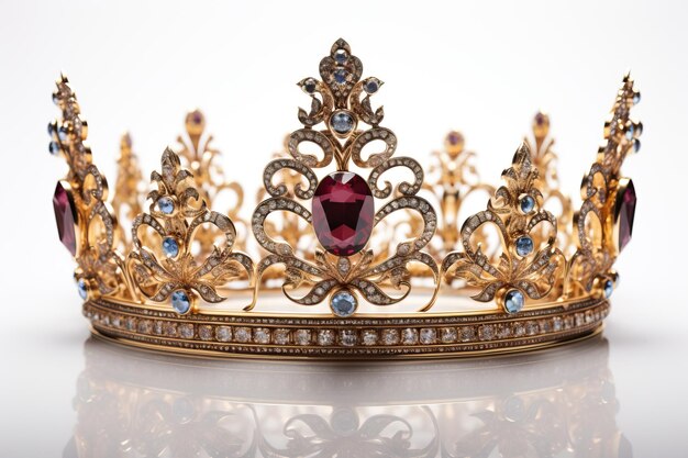 Corona dorada incrustada con piedras preciosas aisladas sobre un fondo blanco Decoración real