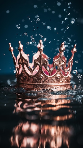 Corona dorada sentada en la superficie de agua azul oscuro con gotas de agua salpicando a su alrededor