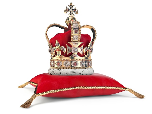 Corona dorada sobre almohada de terciopelo rojo para la coronación Símbolo real de la monarquía británica del Reino Unido