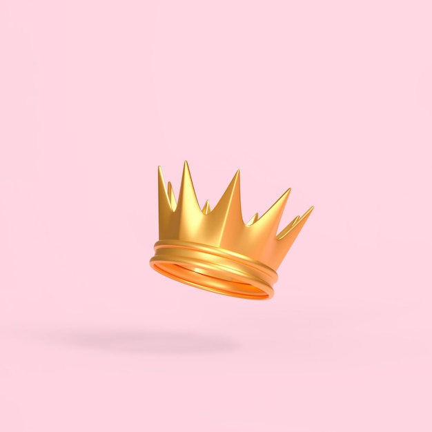 La corona dorada vuela sobre un fondo rosa Concepto creativo mínimo Ilustración de renderizado 3D