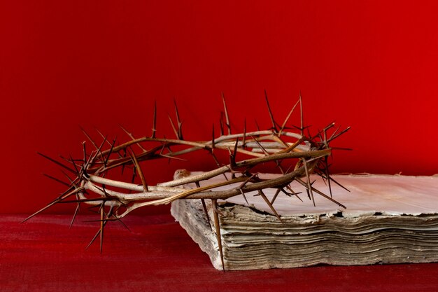 Corona de espinas y Biblia antigua o libro sobre fondo rojo, espacio de copia.