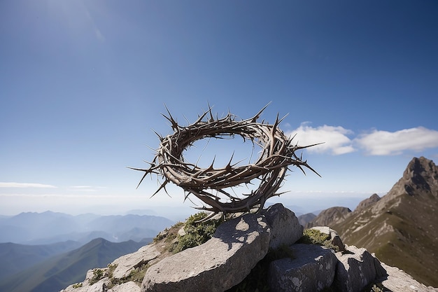 Foto corona de espinas en la cima de una montaña