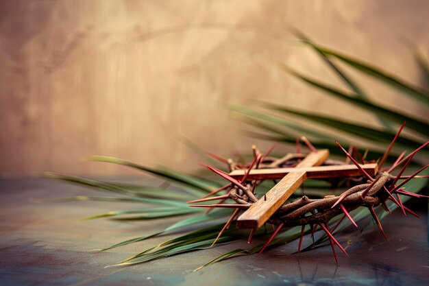 Foto corona de espinas con cruz de madera sobre fondo blanco con espacio de copia concepto de la semana santa