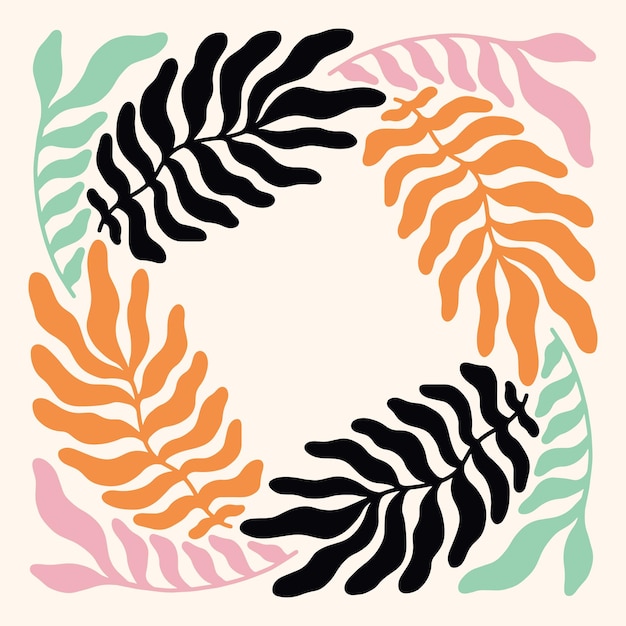 Corona floral abstracta vectorial dibujada a mano con hojas y ramas tropicales