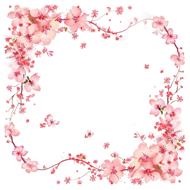 Corona floral acuarela con flores de cerezo rosadas hojas ilustración del marco del ramo