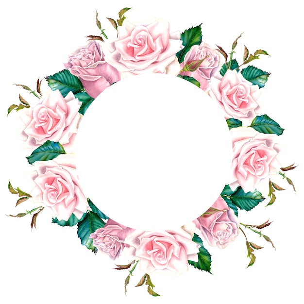 Corona floral de acuarela con flores de rosa pastel brotes y hojas verdes Ilustración botánica dibujada a mano en un fondo aislado Marco circular para tarjetas de felicitación o invitaciones de boda