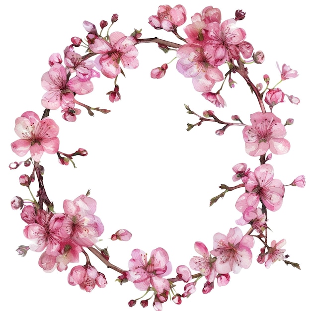 Corona floral con flores y brotes rosados Imagen en acuarela Marco circular AIG56