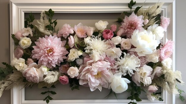 Una corona floral con un marco blanco con flores rosas y blancas.