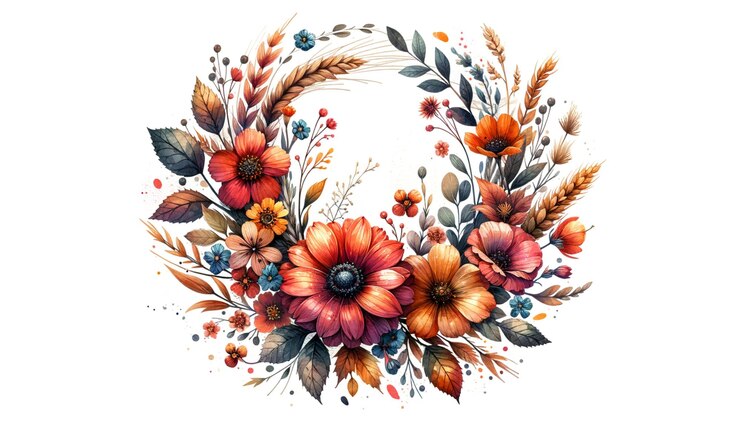 Corona floral de otoño con flores de otoño Elemento de diseño decorativo estacional