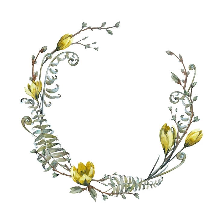 Foto corona floral de primavera con hojas de helecho yemas de flores de azafrán ramas pintadas a mano con acuarela