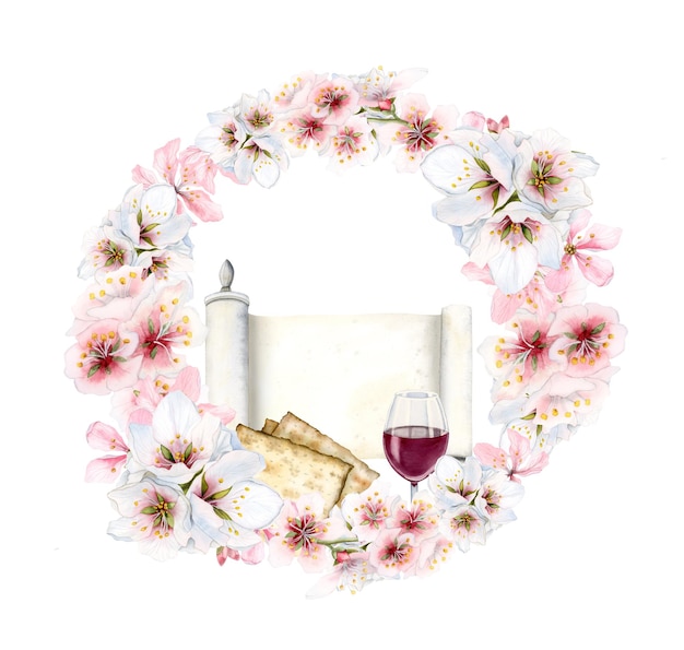 Una corona de flores con una copa de vino y un pergamino en el centro.