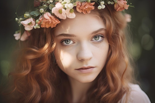 Corona de flores con delicadas flores sobre la cabeza de la niña enmarcando su rostro y cabello