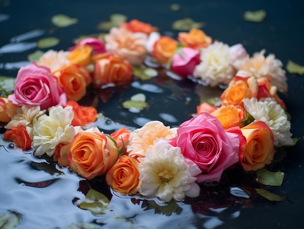 Una corona de flores está flotando en el agua.