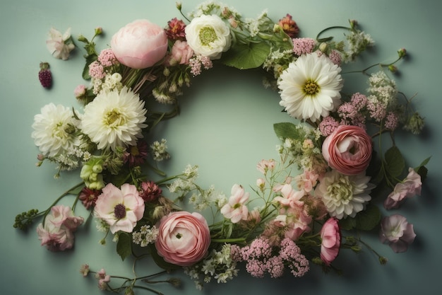 Una corona de flores está sobre un fondo verde.