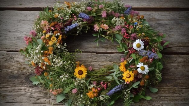 Una corona de flores está sobre una mesa.