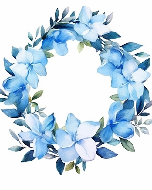 Una corona de flores y hojas azules sobre un fondo blanco