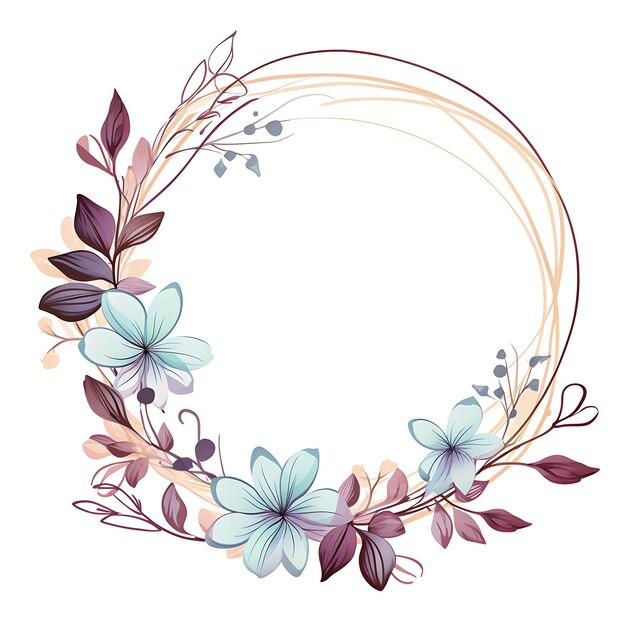 una corona de flores y hojas con un círculo de flores azules y rosas