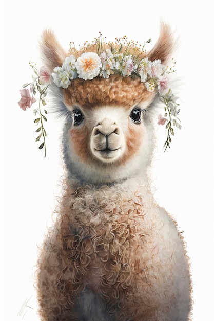 Corona de flores marrón de alpaca bebé acuarela