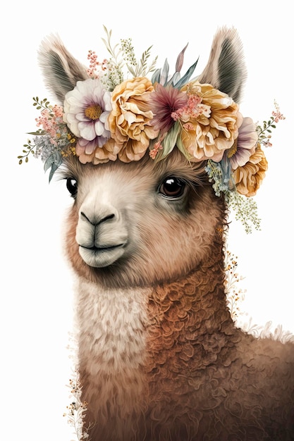 Corona de flores marrón de alpaca bebé acuarela