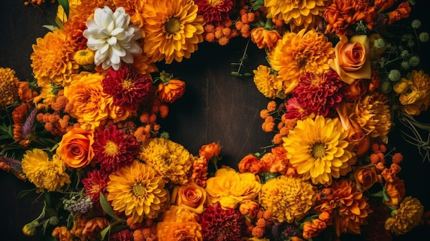 Una corona de flores se muestra sobre un fondo negro.