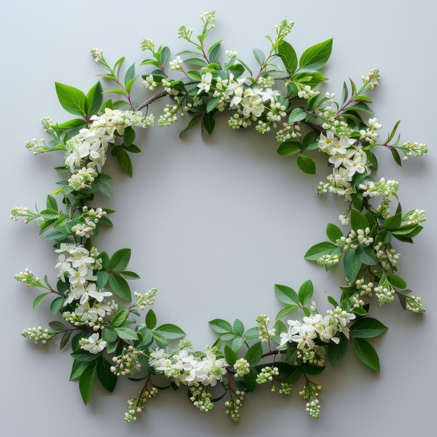 Corona de flores nupcial aislada Spirea arguta planta de flores blancas y hojas verdes