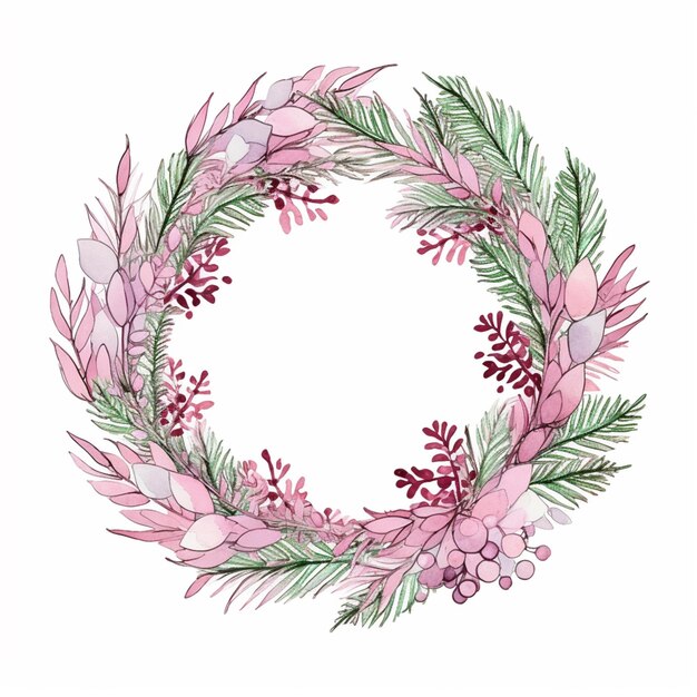 una corona de flores rosadas y hojas verdes en un fondo blanco generativo ai