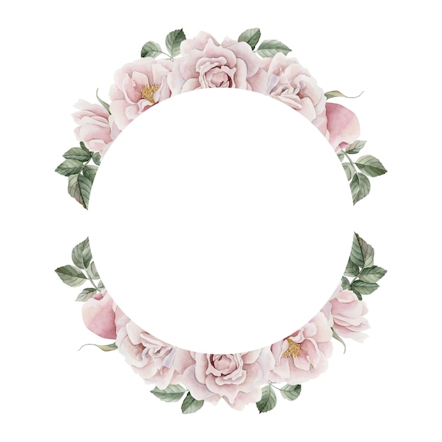 Corona de flores rosadas rosadas con hojas ilustración de acuarela pintada a mano aislada en blanco