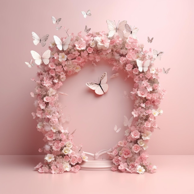 una corona de flores rosas con mariposas en ella