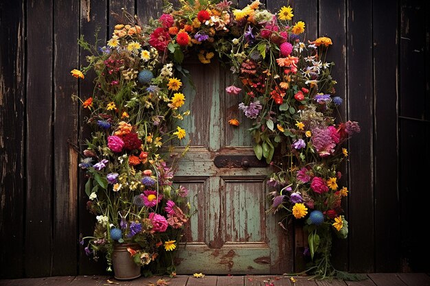 Corona de flores silvestres que adorna una puerta o puerta rústica