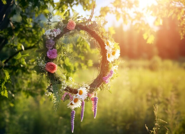 Corona de flores silvestres rústicas en un prado soleado Día del solsticio de verano Concepto de mediados de verano