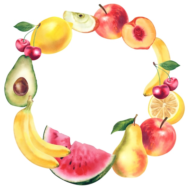 Una corona de frutas sandía limón manzana plátano cereza pera aguacate Ilustración de acuarela Alimentación saludable Clipart Un marco para una postal