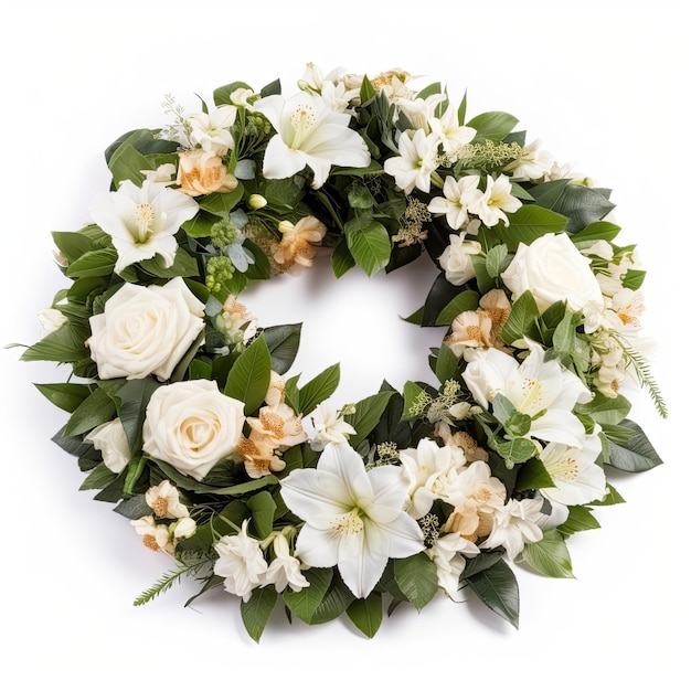 Corona funeraria sobre fondo blanco símbolo de respeto y simpatía Arreglo floral clásico y elegante IA generativa