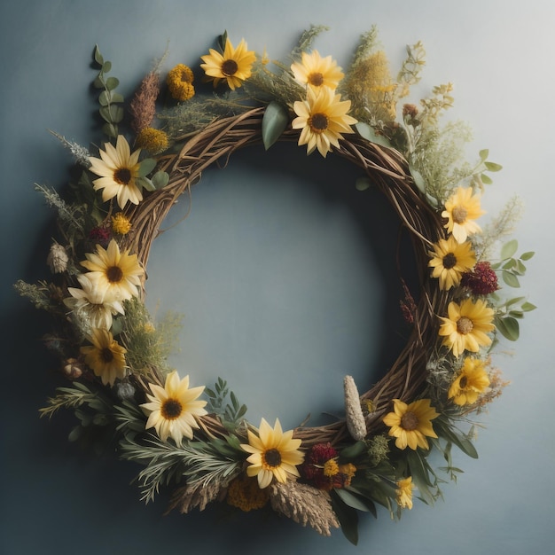 Una corona con girasoles y una corona con una rama de árbol en ella.