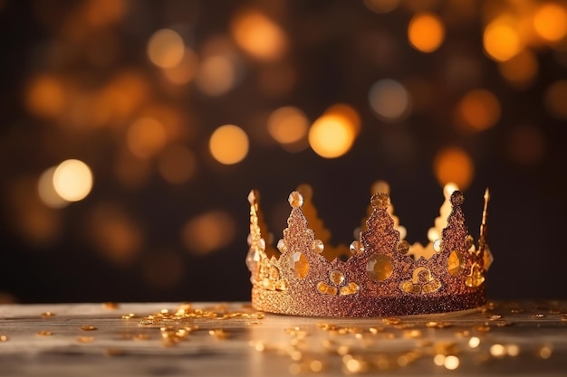 Una corona hecha de hojas de oro se sienta sobre una mesa con un fondo bokeh.